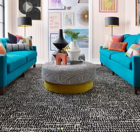 Living room with FLOR area rug Connect The Dots shown in Flint/Pearl