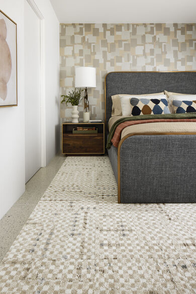 Bedroom with FLOR area rug Check It Out shown in Pearl