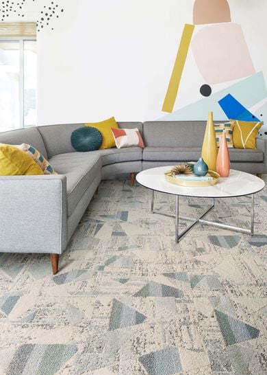 NEW – FLOR High Hopes living room area rug shown in Flannel Blue