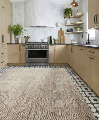 Kitchen with FLOR Step By Step area rug shown in Wheat