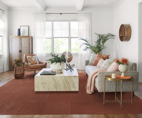 FLOR Made You Look living room rug shown in Spice