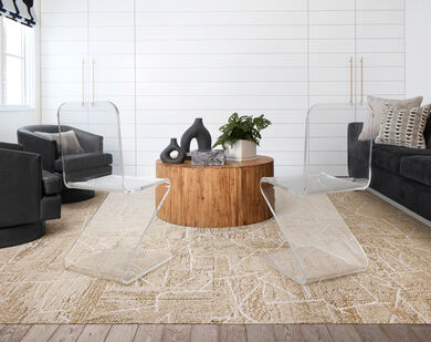 Eclectic seating area with FLOR Terrain area rug shown in Pearl