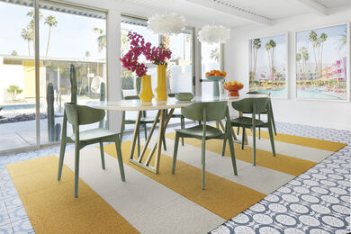 FLOR Heaven Sent kitchen table area rug shown in Marigold and Bone