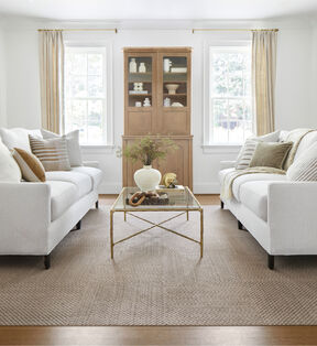 Living room with FLOR Hit The Road area rug shown in Marsh