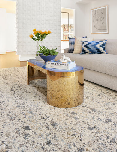 Living room with FLOR Painter's Palette area rug shown in Eggnog