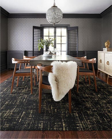 Dining Room with FLOR Tuxedo Pocket area rug shown in Black Gold