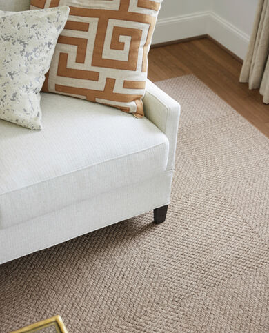 Living room with FLOR Hit The Road area rug shown in Marsh