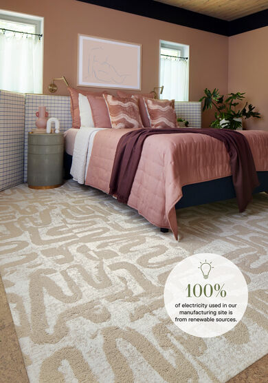 Bedroom with FLOR Scenic Route area rug shown in Bone/Pearl
