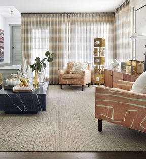Living room with FLOR area rug Be Cool shown in Raffia