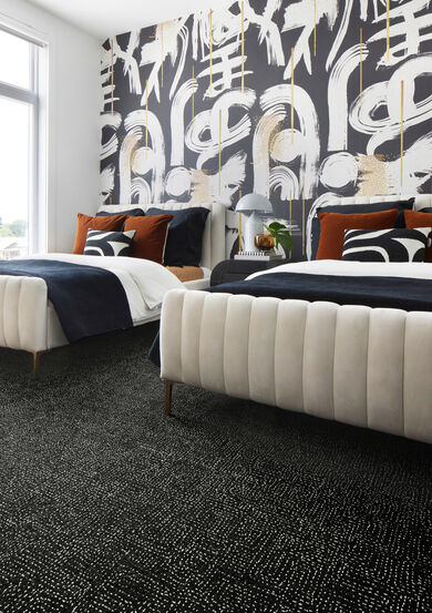 Bedroom with FLOR Hemline area rug shown in Flint
