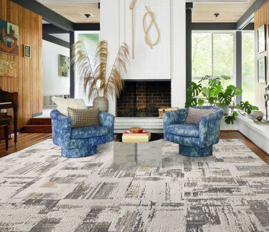 Living room FLOR Splash Splash area rug shown in Eggnog