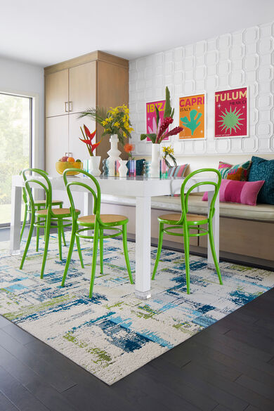 Dining area with Splish Splash area rug shown in Teal