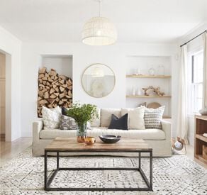 Bright living room with neutral palette featuring FLOR Foothills shown in bright white