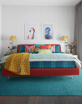 Bedroom with FLOR area rug Open Invitation shown in Turquoise