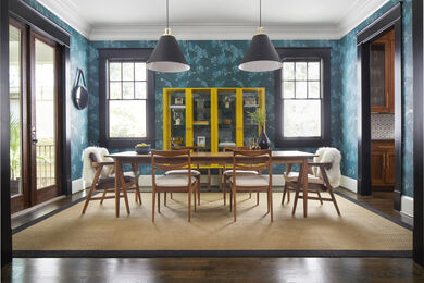 Dining room with FLOR Suit Yourself area rug shown in Raffia