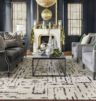 Dining area with FLOR Lilting area rug shown in Grey