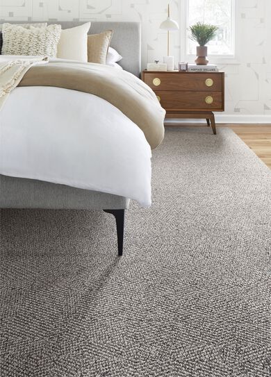 Bedroom with NEW FLOR area rug Small Talk shown in Pearl/Fieldstone