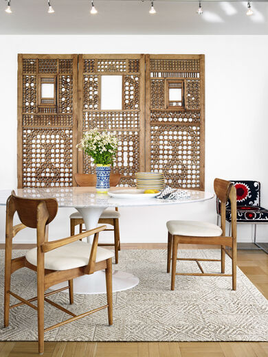 Kitchen dining room area shown with FLOR Cut Corners Area Rug