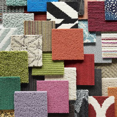 Colorful collage of many FLOR carpet tile samples.