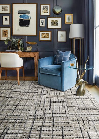 Home office nook with FLOR Savile Row area rug shown in Titanium