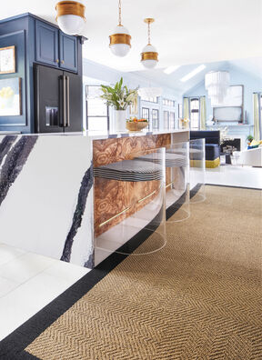 Kitchen bar with FLOR Suit Yourself area rug shown in Raffia