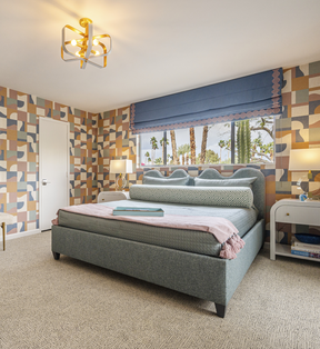 Bedroom with FLOR Hemline area rug shown in Pearl
