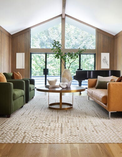 Living Room with FLOR Check It Out shown in Pearl