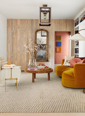 Living room with FLOR Coming Along area rug shown in Pearl