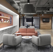 Seating area with FLOR area rug On The Dot shown in Granite/Silver