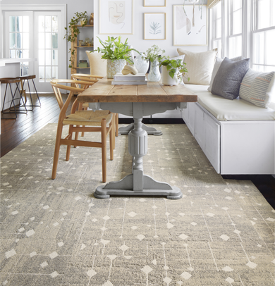 Dining room with FLOR Hollin Hills area rug shown in Tundra