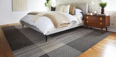 Bedroom with Banter area rug shown in Pigeon/Flint and Chalk/Mica with Small Talk and One Liner