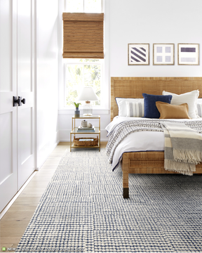 Bedroom with FLOR Penny For Your Thoughts shown in Navy