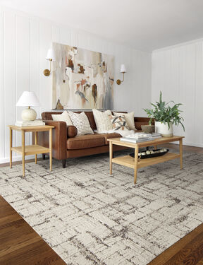 Living Room featuring FLOR area rug Natural Fit shown in Mahogany.