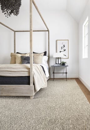 FLOR bedroom area rug in the NEW style – Memory Lane shown in Pearl.