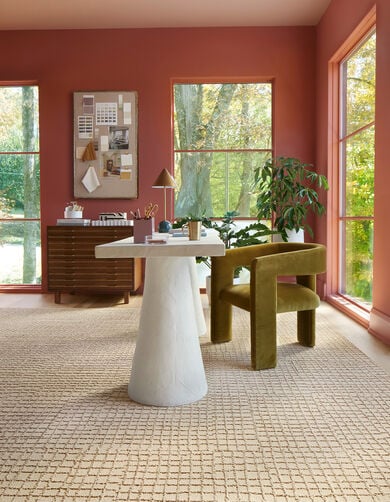 Home office with FLOR Squared Away shown in Pearl/Topaz