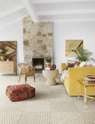 Living room featuring FLOR area rug Coming Along shown in Pearl