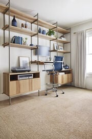 Office Space with wooden shelves and FLOR area rug Finer Things shown in Cream.