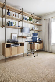 Office Space with wooden shelves and FLOR area rug Finer Things shown in Cream.