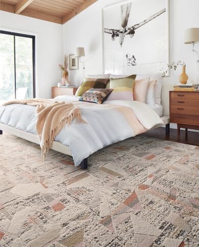 Bedroom with FLOR High Hopes area rug shown in Blush