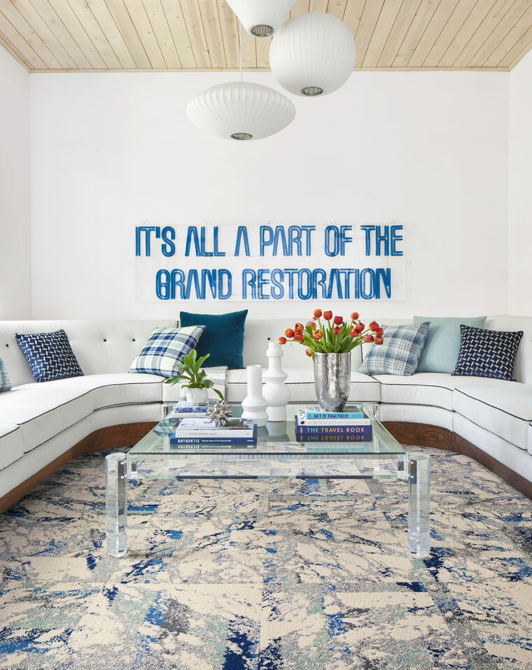 FLOR living room area rug in You're So Vein shown in Cobalt/Silver