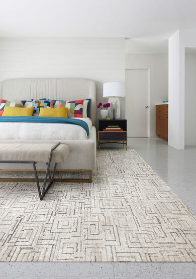 Bedroom with FLOR Gatsby area rug shown in Bone/Silver