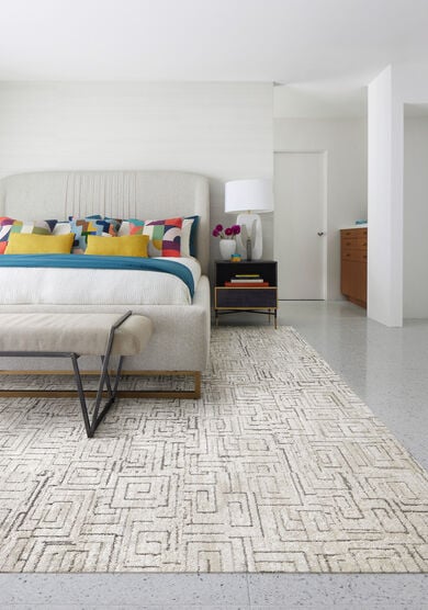 Bedroom with FLOR Gatsby area rug shown in Bone/Silver