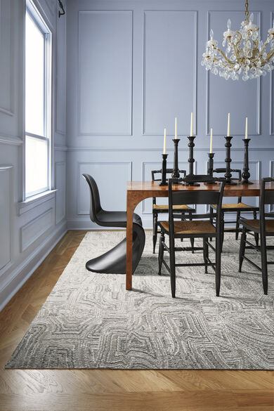 Dining Room Set shown on top of FLOR's Anthracite shown in Chalk/Silver