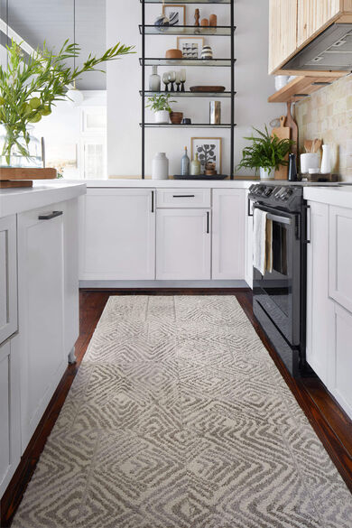 Kitchen with FLOR Cut Corners Runner Rug shown in Chalk