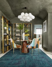 Sitting area with FLOR On The Dot area rug shown in Turquoise/Silver