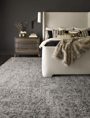 Bedroom featuring FLOR Savoir Faire area rug shown in Grey/Silver..