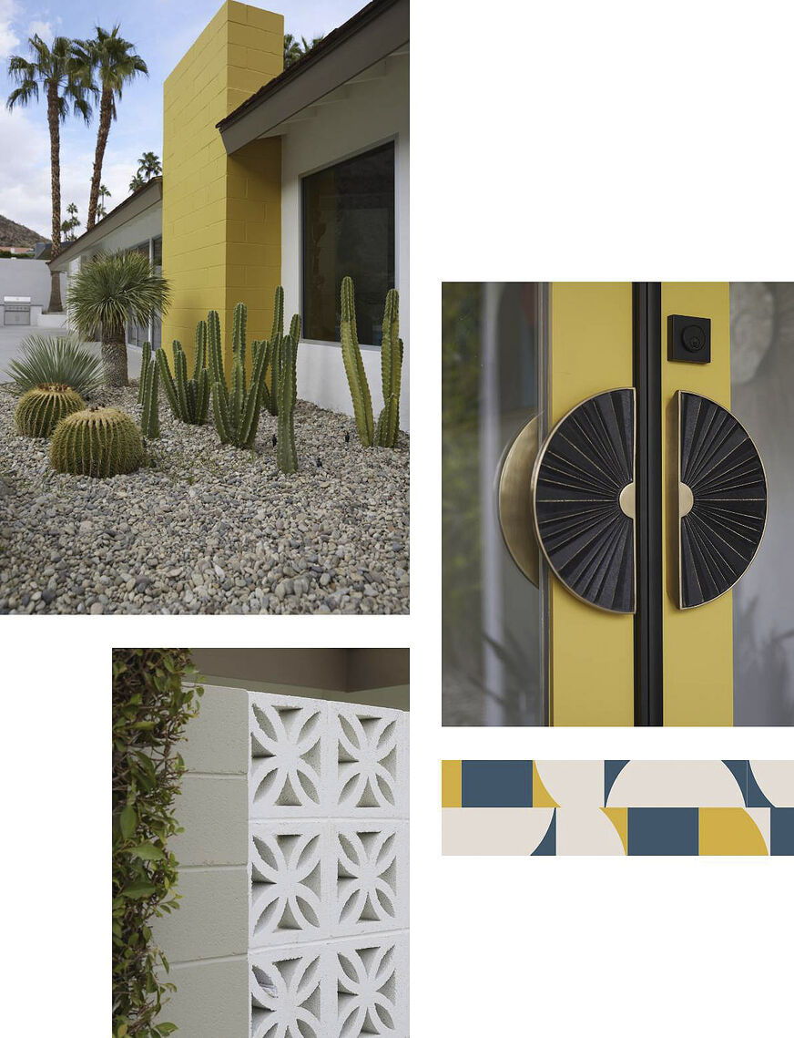 Exterior and detail photo collage of Howard Hawkes and Kevin Kemper's Palm Springs home