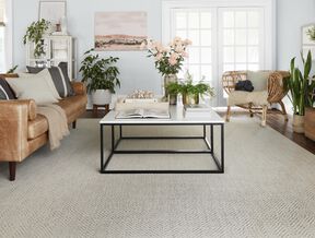 FLOR Open Invitation living room rug shown in Bone