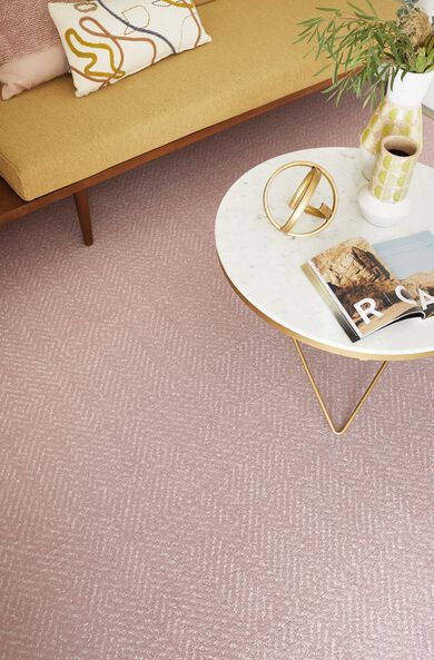 Foyer area with FLOR Open Invitation area rug shown in Blush with bench seating