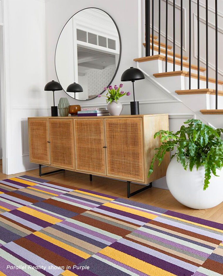 Entry with FLOR area rug Parallel Reality shown in Purple